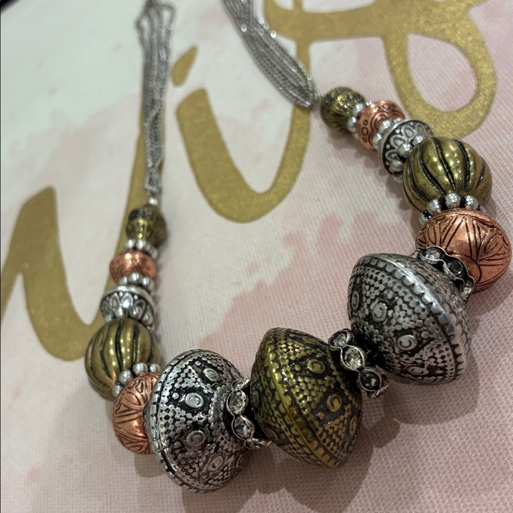 Multi-Tone Beaded Statement Necklace - Silver, Go… - image 6